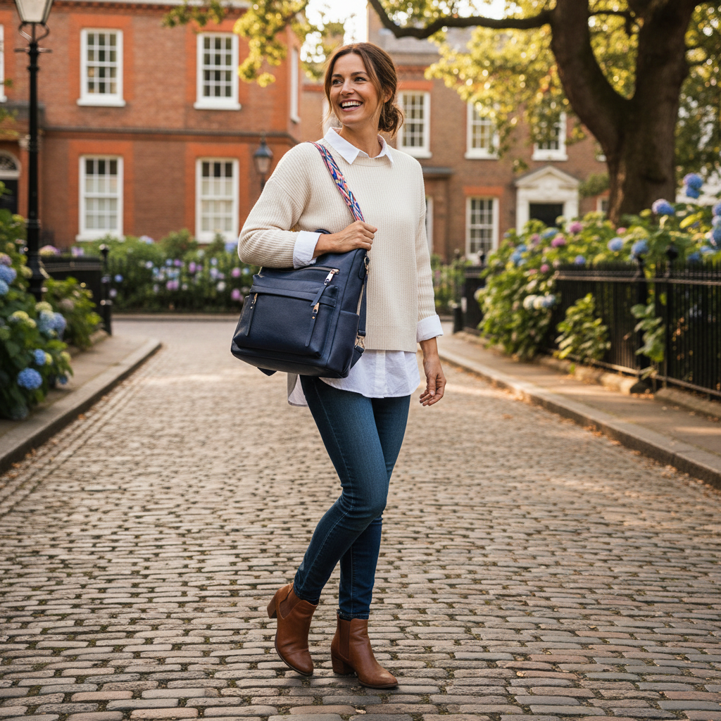 British woman wearing navy backpack